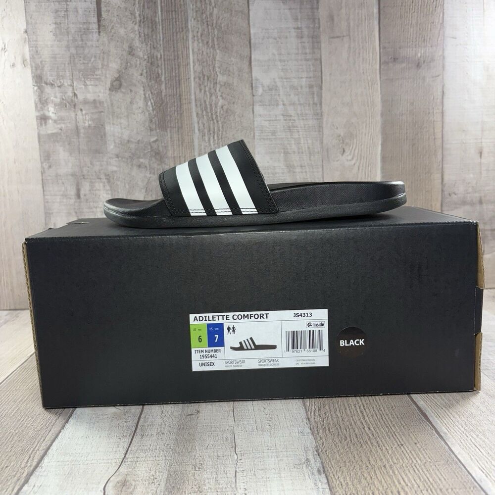 Adidas Comfort Slides Women's Size 7 Shower Sandal Comfort 3 Stripes Black White